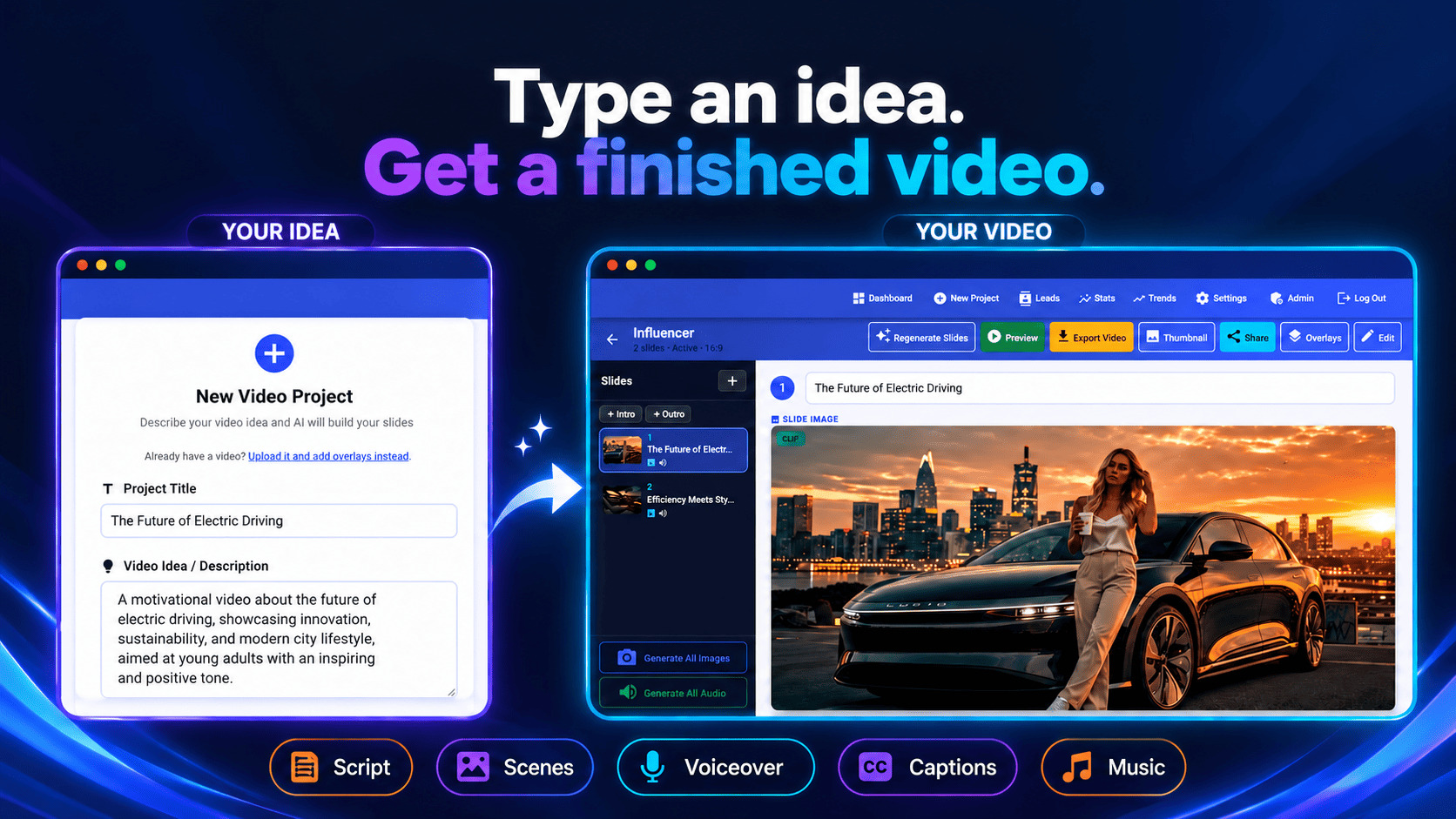 Type an idea into the New Video Project form and get a finished video with script, scenes, voiceover, captions and music